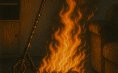 Burned remains of an e-scooter after a lithium-ion battery explosion caused a fatal apartment fire in Reims, France.