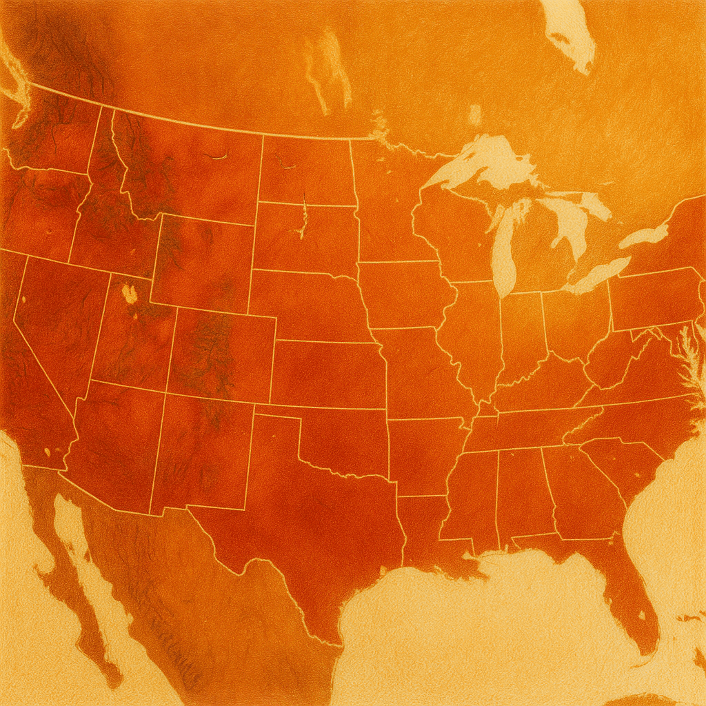 Heat map of the United States highlighting extreme summer temperatures across the country during the 2025 heatwave