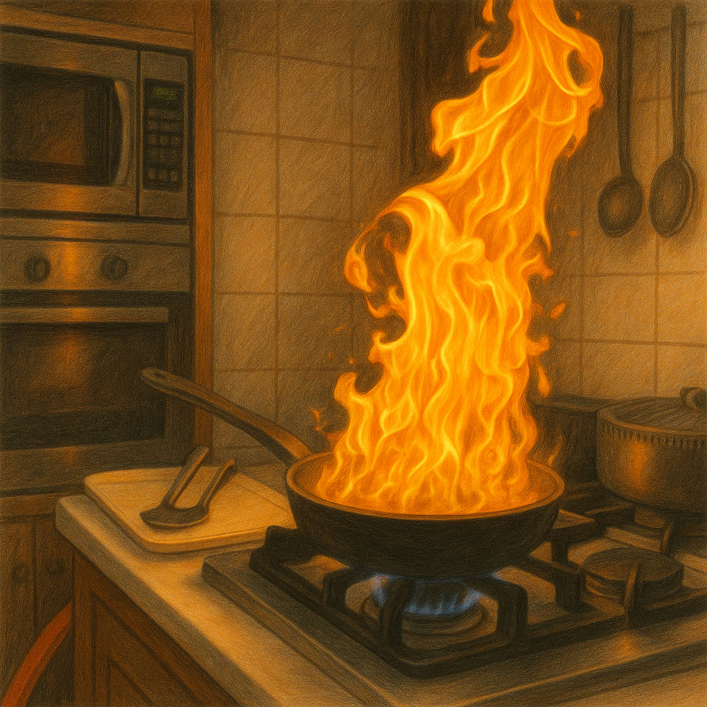 Grease fire starting on kitchen stove with flames rising from frying pan
